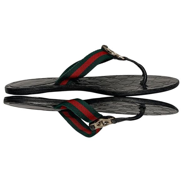 Gucci GG Web Stripe Thong Sandals EU 37.5 US 7.5 Black Flip Flop Slide Flat Heel - Picture 7 of 12